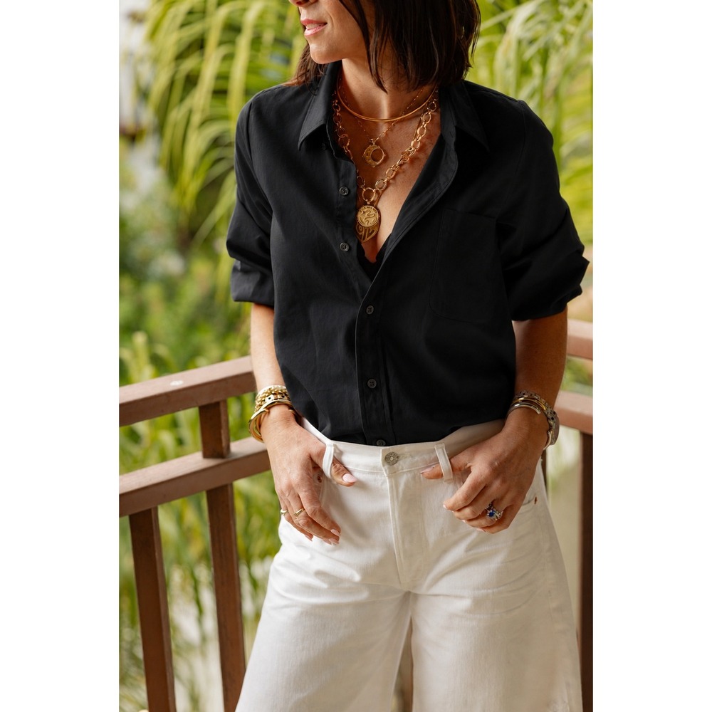 KMJ Meeghan Shirt Button Down Womens XS Black 3/4 Puff Sleeve Minimalist Blouse